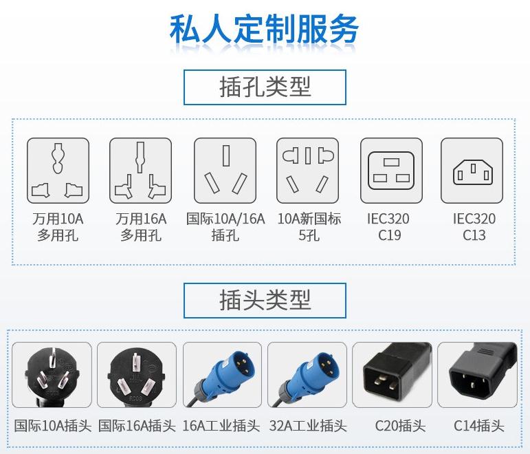 麥森特支持PDU定制，不同插孔不同插頭不同模塊都可以定制